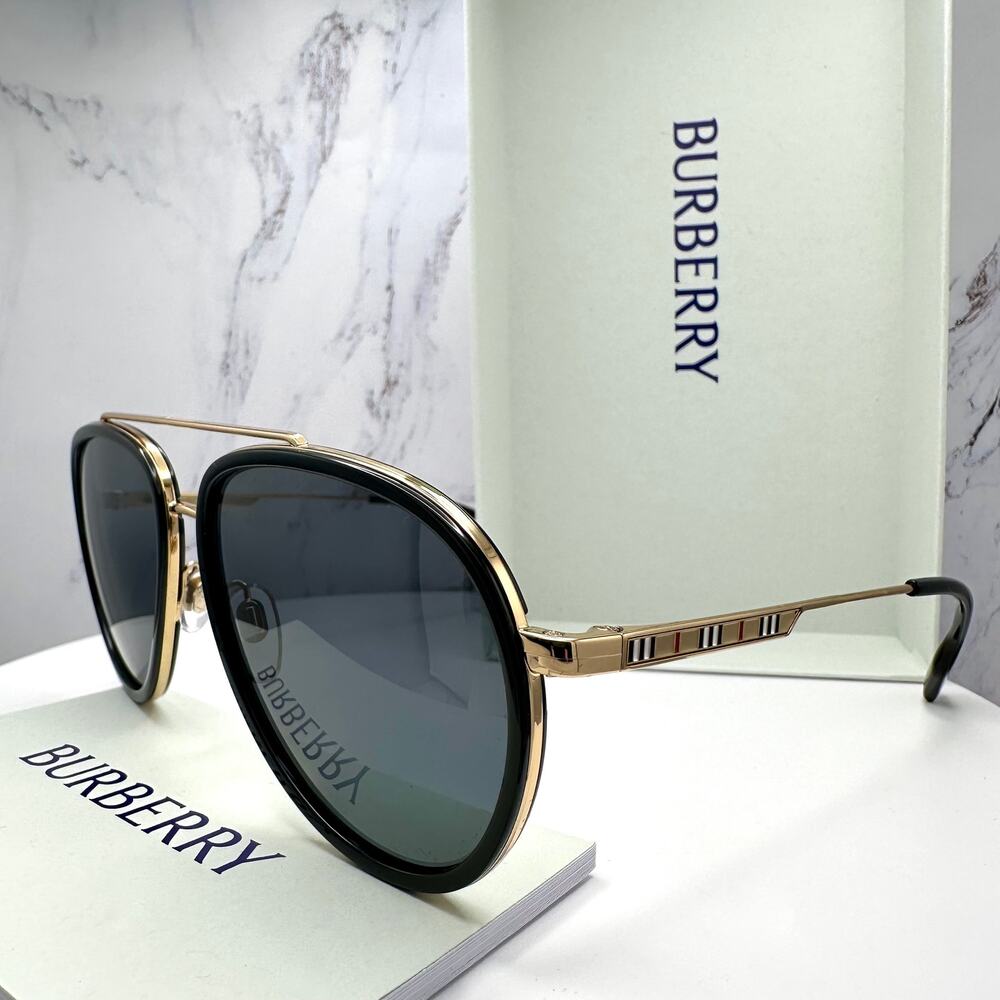 New Burberry Sunglasses Polarized Gold Black Check Arms Aviator Pilot Metal